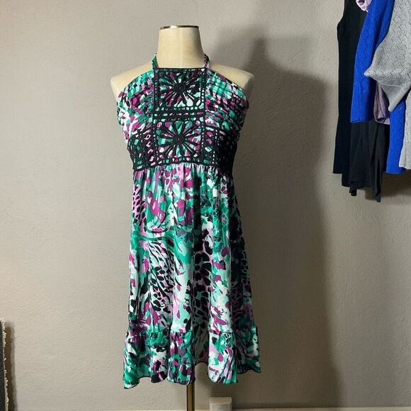 Susie Rose Womens Multicolor Floral Crochet Halter Neck Ruffle Dress Large - Picture 8 of 9